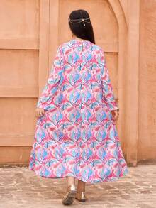 Vestido floral con degradado azul pastel para niñas preadolescentes, estilo modesto, con encaje, tela ligera, tipo abaya/jalabiya de Oriente Medio - Multicolor - Ver 8