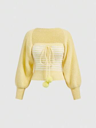 Kawaii 2 pièces/Set Top tube blanc polyvalent et doux pour femme & Chandail à manches lanternes, Automne/Hiver