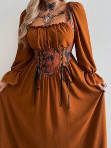 Whyspr Plus Size Square Neck Tie Waist Puff Sleeve Fashion Dress - Multicolor - View 4