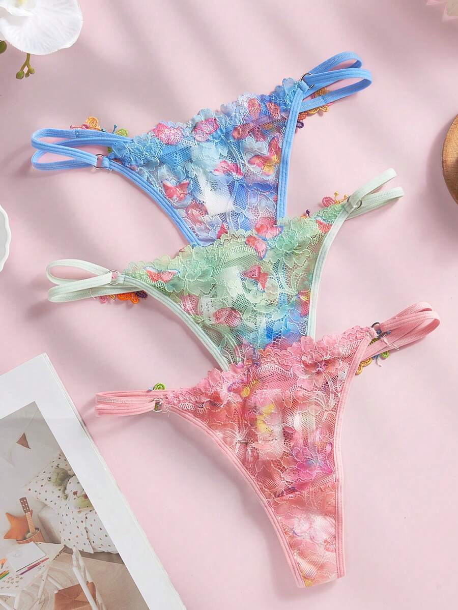 3pcs/Pack Women's Sexy Lace G-String Panties, Lingerie - Multicolor - View 1