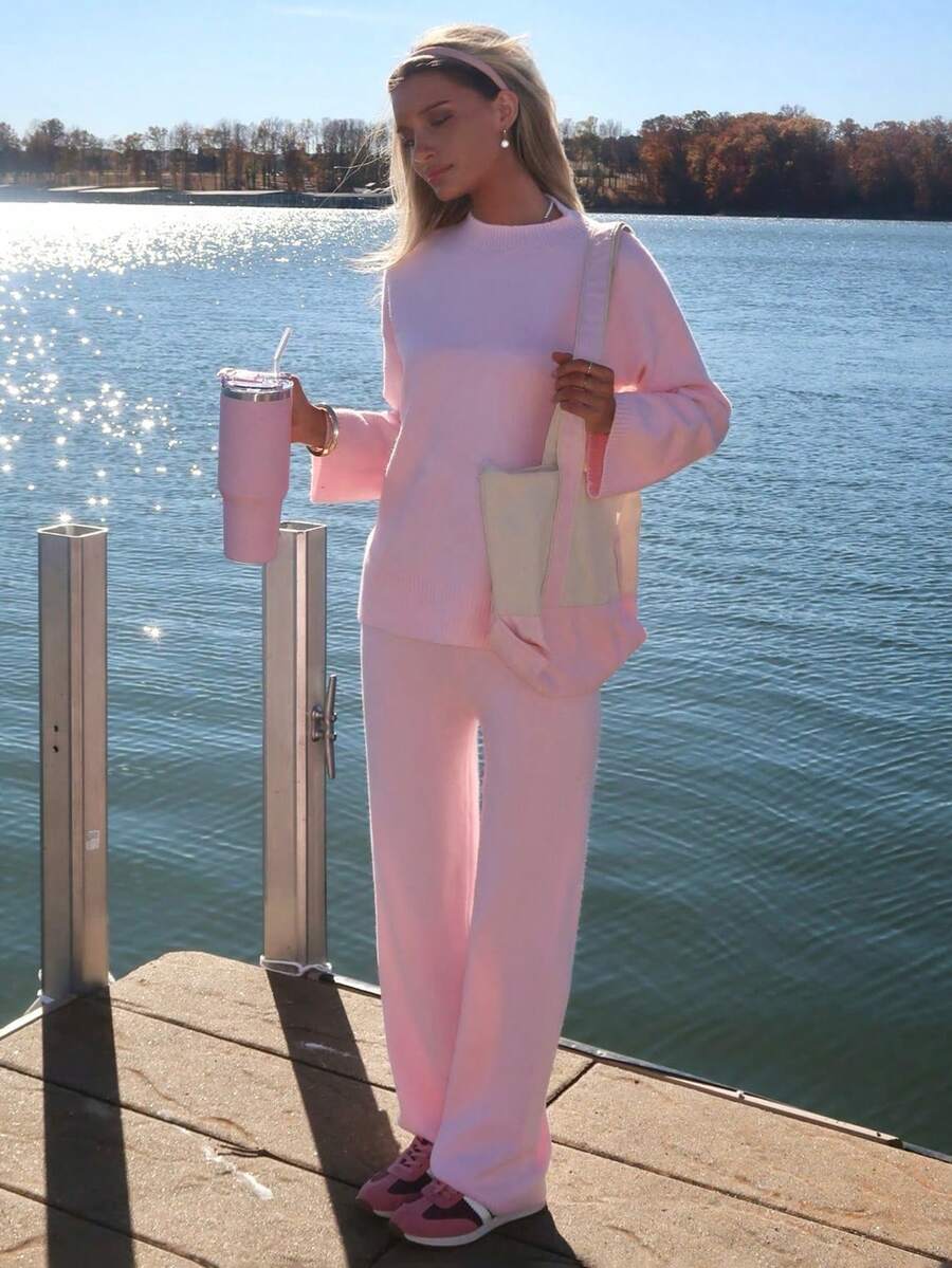 Sydney Algeri Women's Casual Solid Color Knitted Sweater And Pants 2 Pieces Set, Autumn/Winter - Baby Pink - View 1