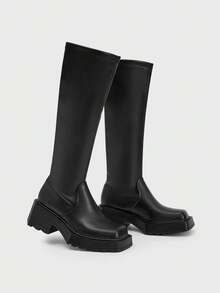 ROMWE Women's Fashion Versatile Commuting Thick Sole Wedge Knee-High Boots For Christmas - Black - View 5