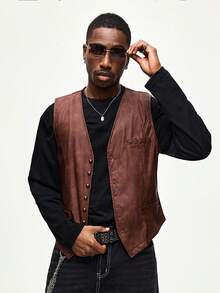 ROMWE MEN Men's Fashionable Retro Gothic Style PU Leather Vest - Brown - View 4