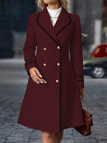 SHEIN Clasi Women's Casual Daily Oversized Lapel Contrast Trim Double-Breasted Wool Blend Coat, Autumn/Winter - Burgundy - View 3