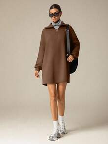 Hanevo 秋冬休闲街头风极简通勤慵懒返校高领拉链半开下摆宽松连帽衫和女士短裤套装 - 咖啡棕 - 查看 6