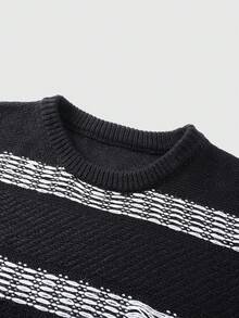 ROMWE MEN 男士条纹圆领长袖套头毛衣 - 黑色 - 查看 3