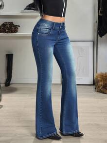 Jeanoix Women's Fashion Casual Versatile Y2K Low Waist Flare Jeans - Dark Wash - View 5