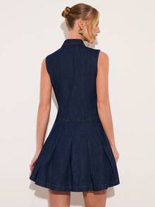 COSMINA 女士休闲日常通勤无袖牛仔连衣裙，夏季优雅通勤牛仔连衣裙，收腰设计，适合工作、日常外出，蓝色优雅牛仔连衣裙 - 藍色 - 查看 3