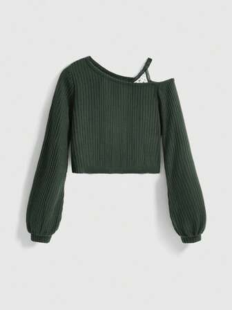 Kawaii Camiseta de mujer con contraste de encaje, hombros oblicuos y mangas farol para otoño