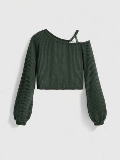 Kawaii T-shirt femme automne à manches lanternes, épaules obliques, contraste de dentelle et de nid d'abeille