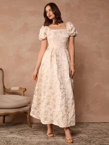 Enchnt Váy dự tiệc Maxi tay bồng cổ vuông chất liệu Jacquard thanh lịch, thắt eo cho nữ - Bụi hồng - Xem 5