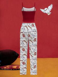 HARRY POTTER X SHEIN Women's Comfortable Owl Print Cami Top And Pants Pajama Set, Summer