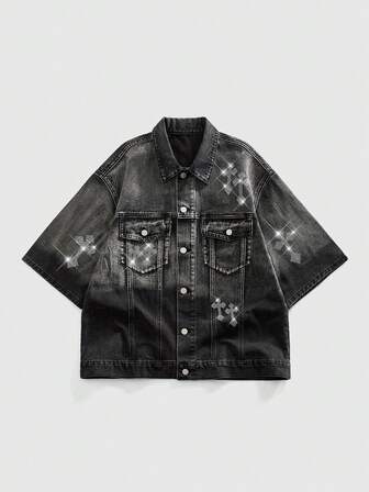 Herren modisches vintage Kreuz Strass Farbverlauf Jeanshemd