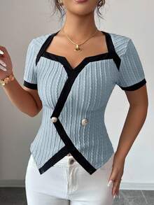 Elenzga Women's Retro American Style Color Block Asymmetrical Design Short Sleeve T-Shirt - Multicolor - View 6