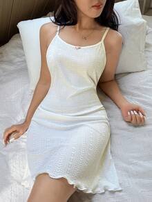 SHEIN Vestido camisola de lencería estilo francés con patrón de corazón bordado floral de punto, vestido slip completo para mujer, vestidos de verano - Blanco - Ver 3