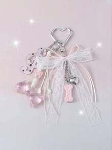 ROMWE Kawaii 1个可爱简约的亚克力蝴蝶结铃铛银链钥匙扣吊坠配饰，适合女性/女孩日常佩戴，节日礼物 - 粉色 - 查看 1