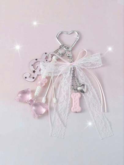 ROMWE Kawaii 1pc Cute & Simple Acrylic Bowknot Bell Silver Chain Keychain Pendant Accessory, Suitable For Women/Girls Daily Wear, Holiday Gift