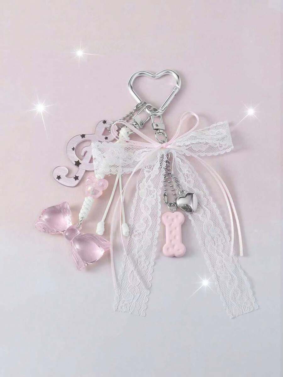 ROMWE Kawaii 1个可爱简约的亚克力蝴蝶结铃铛银链钥匙扣吊坠配饰，适合女性/女孩日常佩戴，节日礼物 - 粉色 - 查看 1