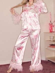 SweetSlumber Bộ đồ ngủ tay dài thoải mái in họa tiết bướm lãng mạn ngọt ngào dành cho nữ, chất liệu satin cổ lông màu tương phản - trắng - Xem 3