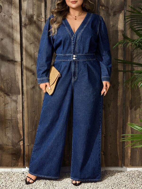 EMERY ROSE Plus-Size Women's Summer Vacation Casual Mid-Length Blue Non-Stretch Denim Jumpsuit