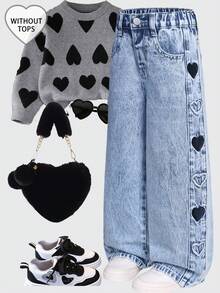 SHEIN ChillGRL Young Girls Baggy Jeans Y2k Oversized Jeans Wide Leg Jeans Girls Baggy Girls Jeans Loose Jeans New Arrival 2025 Aesthetic Clothes For Teens Girls' Jeans, New Arrival For  2026, Light Wash Denim With Heart Embroidery, Side Panel Design, Relaxed Straight Leg, Versatile For Holidays, Casual Outings, School, Parties, Christmas And More Young Girl Heart Embroidered Casual Wide Leg Distressed Washed Denim Jeans, Suitable For Spring, Summer, Autumn, Winter, Street Style - Light Wash - View 1