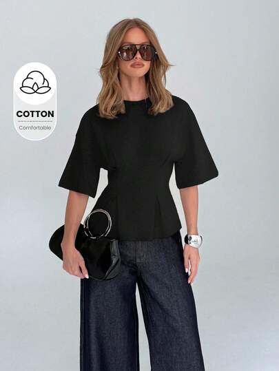 AiiRZ Elegant peplum-t-shirt i bomull med kimonoärmar, modern, skräddarsydd midja, armbågslånga, utsvängda ärmar, professionella arbetskläder