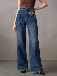 Anewsta Quần jeans ống đứng nữ màu xanh lãng mạn với họa tiết hoa 3D bằng kim loại, thích hợp cho ngày Valentine, mùa xuân/hè. - Rửa tối - Xem 7