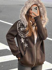 Muchica Women's Simple Printed Fleece Hoodie, Casual Daily Sweatshirt,Long Sleeve Tops In Fall/Winter - Brown - View 5