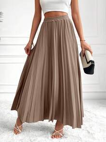 EURMUSE Solid Elastic Waist Pleated Skirt - Brown - View 4