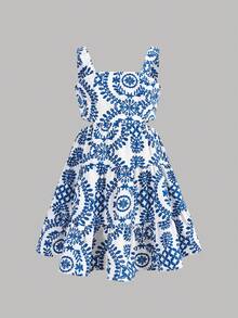 Emery Rose Kids Emery Rose Kids Young Girl Blue Totem Print Detachable Bow Decor Dress, Fashionable Design Suitable For Outdoor Vacation Blue And White Floral Dress Girls Open Back Dress For Kids Twirl Dress Girls Tween Blue And White Dress
