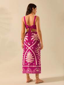 CAJUNI 2 bộ đồ ngủ in hình cây dừa và mặt trời cho kỳ nghỉ hè dành cho nữ và chân váy maxi bó sát, phong cách nhiệt đới Boho - Màu Hồng Tươi - Xem 2