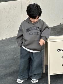 男童韩版宽松牛仔套装，连帽卫衣搭配时尚牛仔裤 - 彩色 - 查看 2