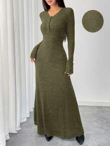 Mulvari 女士纯色连衣裙，适合通勤。 - 軍綠色 - 查看 3