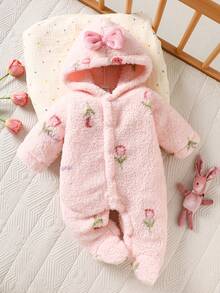 SHEIN Newborn Baby Hooded Romper, Cute Pink Bow Print Flannel Soft & Skin-Friendly Infant Jumpsuit