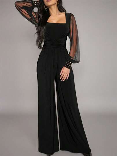 EMERY ROSE Plus Size Solid Color Square Neck Lantern Sleeve Mesh Patchwork Sheer Waist Jumpsuit