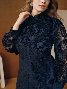 Anewsta Valentine Plus Size Navy Blue Flocked Burnout A-Line Dress - Navy Blue - View 2