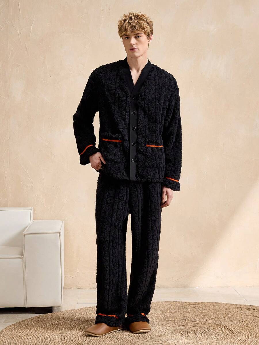 EverLounge Men's Fleece Front Button Long Sleeve Top And Pants Pajama Set - Multicolor - View 1