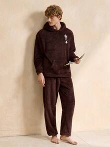 Men's Drop Shoulder Long Sleeve Hooded Warm Pockets Winter Pajama Set - Multicolor - View 5