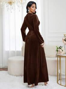 Al Najma Elegant Velvet Long Sleeve Modest Dress, Arabic Style For Women - Brown - View 2
