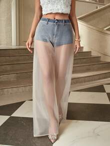 Selenza Women's Fashion Sexy Mesh Patchwork Wide Leg Jeans - Blue - View 1