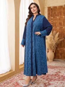 Al Najma Plus Size Women Long Sleeve Solid Embroidered Long Casual Elegant Arabic Maxi Dress - Navy Blue - View 6