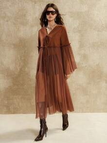 Florisole Vintage Italian Style Pleated Maillard Color Deer Velvet Top, Suitable For Spring, Autumn And Winter - Brown - View 5