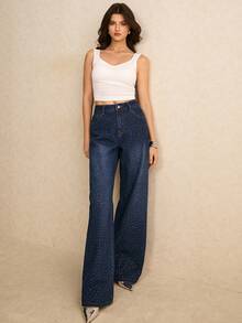 Poéselle 女士牛仔裤，饰有钻石，时尚休闲，斜插口袋饰有水钻，水洗宽松直筒裤型，闪亮波点图案，深蓝色牛仔裤，优雅派对主题，节日，新年，情人节女装。 - 深色水洗藍 - 查看 5