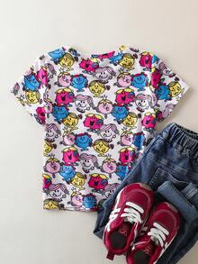 Mr Men Little Miss X SHEIN Young Girl Cartoon Pattern Cute Round Neck Short Sleeve T-Shirt - Multicolor - View 2