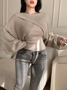 DAZY 2pcs Knitted Cover Up & Camisole Set, Casual Elegant Design Criss-Cross Knit Top, Fitted Women Sweater, Suitable For Autumn, Spring, Summer - Khaki - View 4