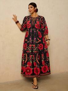 Travachic Plus Size Women's Pink & Green Tropical Plant Print Maxi Dress, V-Neck Tie Bow Long Sleeve Loose Casual Dress, Early Autumn Boho Dress Women Summer Dresses For Women With Sleeves Resort Dresses For Women Floral Print Dress French Dresses For Women Autumn Dress Going Out Dress Fall Clothes Fall Clothes Plus Size Autumn Clothes Wedding Guest Dress Elegant Old Money Beach Outfits For Woman Resort Wear Women Ibiza Outfit - Multicolor - View 1