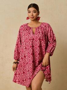 SHEIN VCAY 大码女式波西米亚风印花连衣裙，七分袖印花连衣裙，秋季连衣裙，大码束腰上衣，大码度假装，大码波西米亚风连衣裙，刺绣连衣裙，大码舒适秋冬女装，优雅 - 玫紅色 - 查看 5