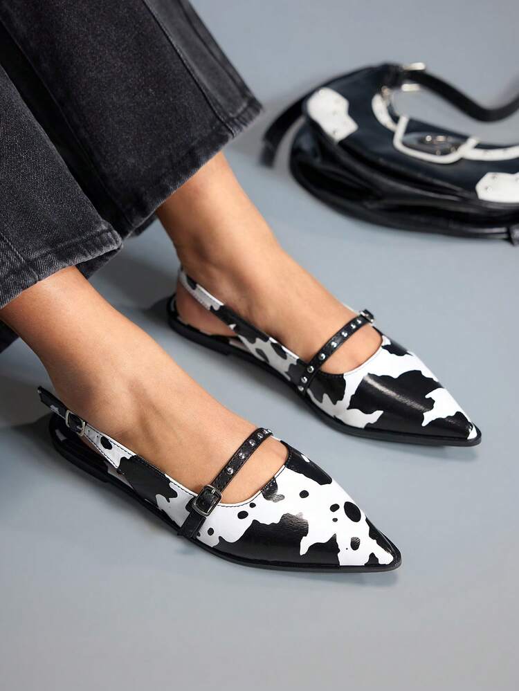 CUCCOO GRLICON Women's Cow Print Pointed Toe Buckle Design Casual Everyday Versatile Fashion Shoes For Christmas