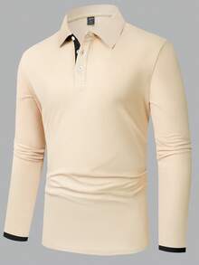 Manfinity Homme Men's Minimalist Commuter Quarter Button Long Sleeve Polo Shirt, Solid Color, Autumn Polo Shirts For Men Collar Polo Shirts For Men Long Sleeve - Beige - View 3