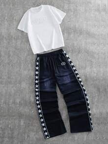 2pcs/Set Casual Letter Embossed T-Shirt & Star Pattern Pants Set For Teenage Boys, Suitable For Daily, Commute, Leisure, Streetwear - Black and White - View 3